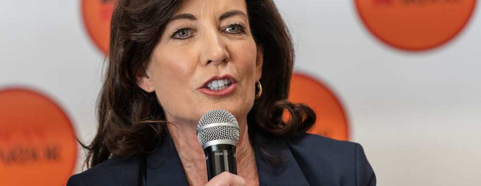 New York Governor Kathy Hochul speaking at a campaign event at the Johnson Houses Community Center in New York.