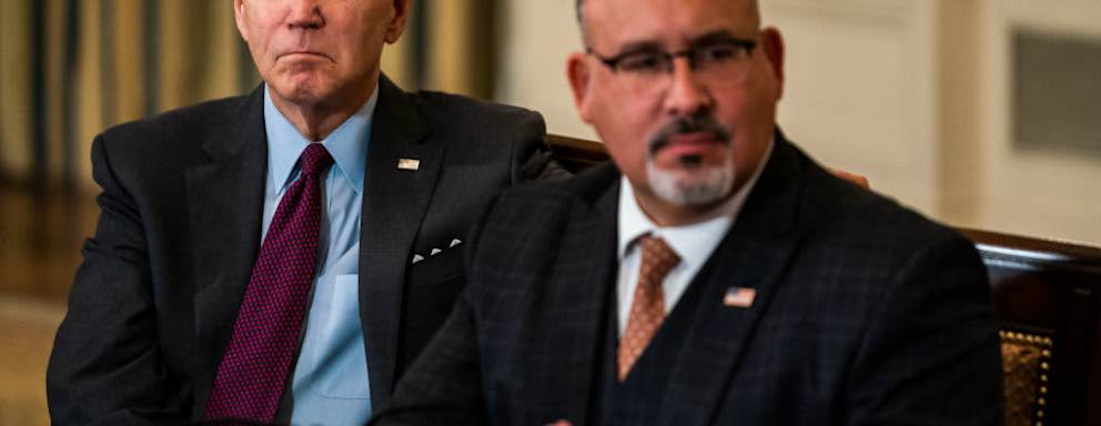U.S. President Joe Biden and Department of Education Secretary Miguel Cardona during the second meeting of the Task Force on Reproductive Healthcare Access in the State Dining Room on Tuesday, October 4, 2022.