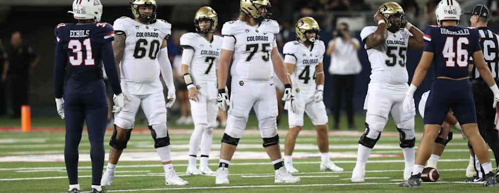 TUCSON, AZ - OCTOBER 01: Colorado Buffaloes offensive lineman Jake Wiley #60, Colorado Buffaloes offensive tackle Tommy Brown #75 and Colorado Buffaloes offensive lineman Van Wells #55 during a football game between the University of Colorado Buffaloes and the University of Arizona Wildcats on October 1, 2022 at Arizona Stadium in Tucson, AZ. (Photo by Christopher Hook/Icon Sportswire via Getty Images)