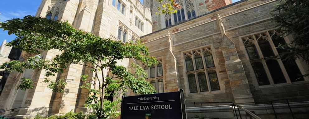 A sign noting the entrance to Yale Law School on the Yale University campus in New Haven, Connecticut.