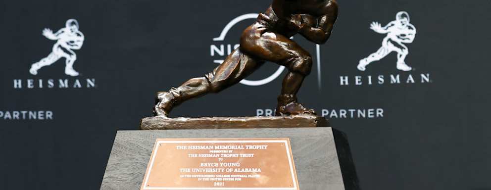 The Heisman Trophy on display at a press conference at the Marriott Marquis in New York City, NY on December 11, 2021.
