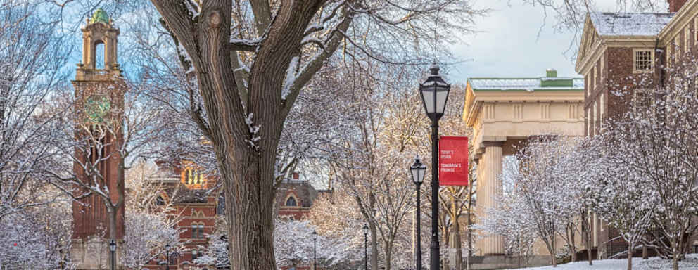 Providence, Rhode Island USA —March 10, 2017: A late winter snowfall blankets Brown University in Providence, Rhode Island.