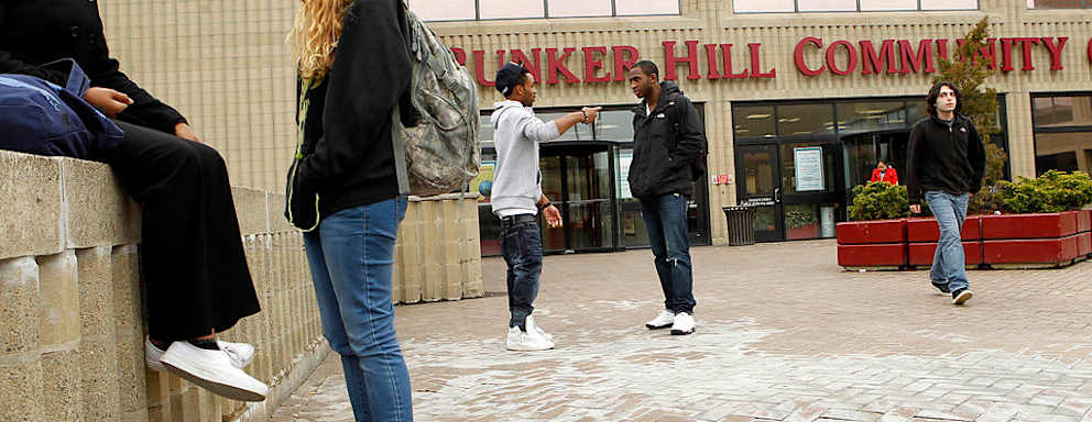 CHARLESTOWN - NOVEMBER 17: Students outside Bunker Hill Community College. (Photo by Joanne Rathe/The Boston Globe via Getty Images)