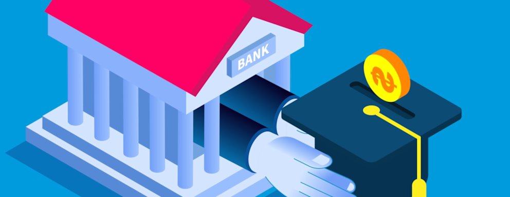 Grant loan and education investment loan, isometric bank inside hand reaching out and holding bachelor cap