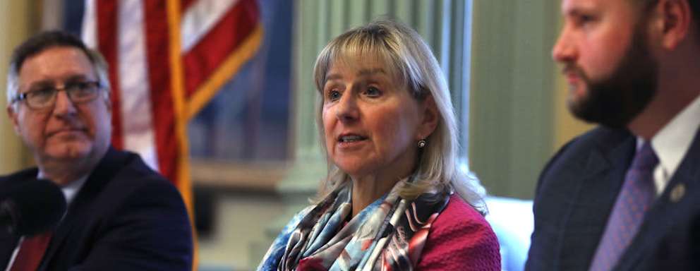 Boston, MA - February 6: In the Senate Reading Room in Boston, the Mental Health ABC Act is unveiled on February 6, 2020. Speaking are, from left, senators Michael J. Rodrigues, Karen E. Spilka and Julian Cyr. (Not shown is Sen. Cindy F. Friedman. (Photo by Pat Greenhouse/The Boston Globe via Getty Images)