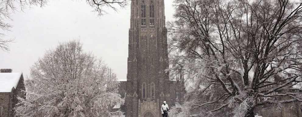 DURHAM, NC - DECEMBER 09: A general view of the Duke Chapel on the campus of Duke University as snow falls from Winter Storm Diego on December 9, 2018 in Durham, North Carolina. (Photo by Lance King/Getty Images)