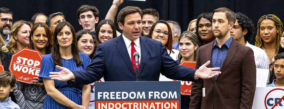 Florida Gov. Ron DeSantis signed HB 7, known as the âstop wokeâ bill, in Hialeah Gardens, Florida, on April 22, 2022. (Daniel A. Varela/Miami Herald/Tribune News Service via Getty Images)