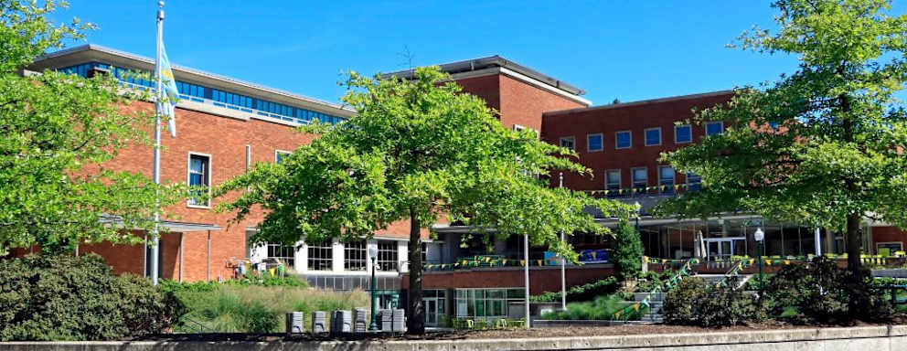 Exterior of the student union building on the University of Oregon campus in Eugene, Oregon.
