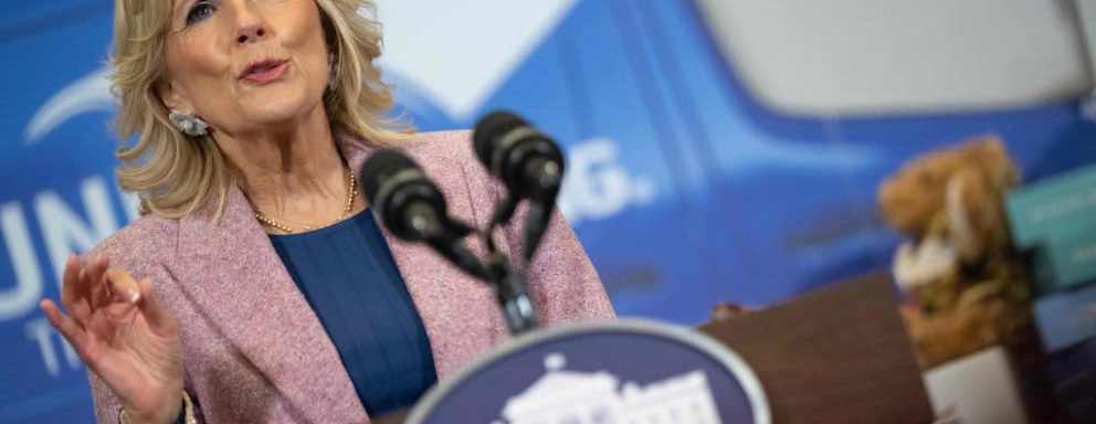 US First Lady Jill Biden speaks during an event with Governors spouses attending the National Governors Association Winter Meeting and United Through Reading at the Decatur House in Washington, DC on February 11, 2023. - The event assembled approximately 800 reading-ready kits complete with childrens books, literacy materials, and a stuffed bear from Operation Gratitude for National Guard families around the country to help military families stay connected. (Photo by ANDREW CABALLERO-REYNOLDS / AFP) (Photo by ANDREW CABALLERO-REYNOLDS/AFP via Getty Images)