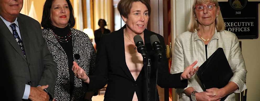 Boston, MA - January 9: Massachusetts Governor Maura Healey and Lieutenant Governor Kim Driscoll, second from left, held a press conference after meeting for the first time with Senate President Karen Spilka, right, and House Speaker Ron Mariano, far left. (Photo by Suzanne Kreiter/The Boston Globe via Getty Images)