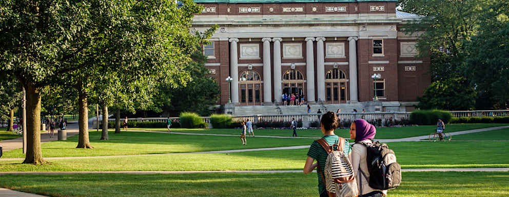 Muslim students wearing hijab scarf on campus of the University of Illinois. (Photo by: Jeffrey Greenberg/Universal Images Group via Getty Images)