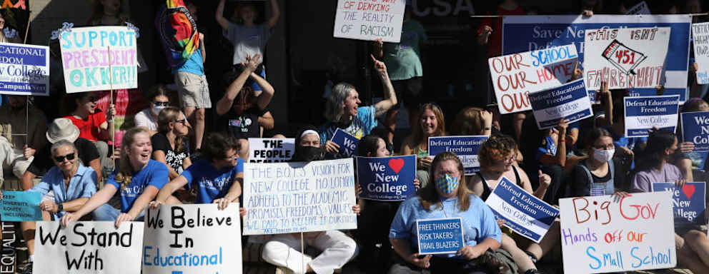 Students during a Defend New College protest in Sarasota, Florida, US, on Tuesday, Jan. 31, 2023. Governor DeSantis blasted New College of Florida Tuesday on the cusp of a big Board of Trustees meeting, saying the school has been too focused on racial and "gender ideology" and will be reformed by a new board he put in place, which is getting big money to recruit new faculty. Photographer: Octavio Jones/Bloomberg via Getty Images