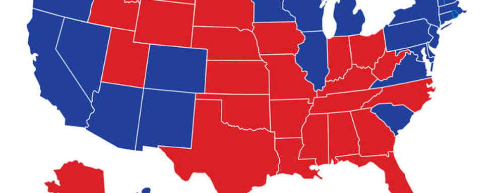 Vector illustration of a political USA map with the states colored in either red or blue with a white outline. Each state is an individual object and can be colored separately.