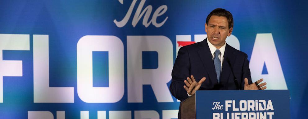GARDEN CITY, NEW YORK - APRIL 1: Florida Governor Ron DeSantis gives a political speech at the Cradle of Aviation Museum, April 1, 2023 in Garden City, New York. (Photo by Andrew Lichtenstein/Corbis via Getty Images)