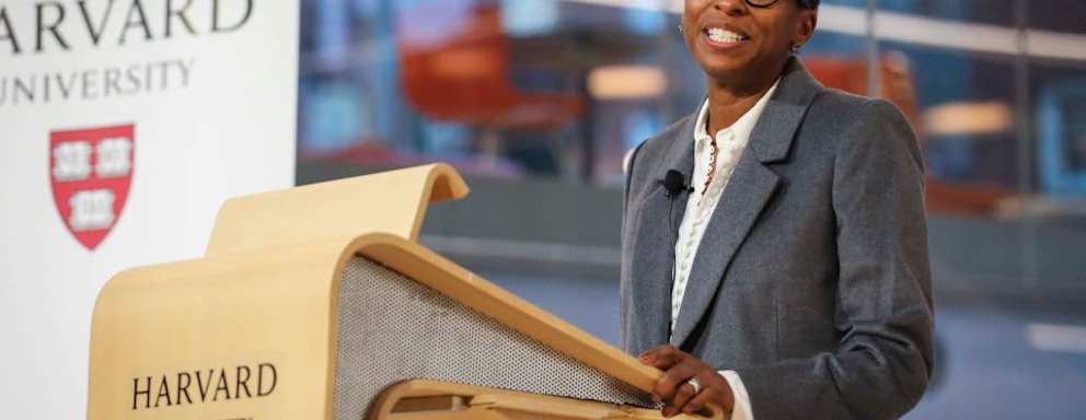 Cambridge, MA - December 15: Claudine Gay speaks to the crowd after being named Harvard Universitys next president. Harvard University on Thursday named Gay as its next president in a historic move that will give the nations oldest college its first Black leader. (Photo by Erin Clark/The Boston Globe via Getty Images)