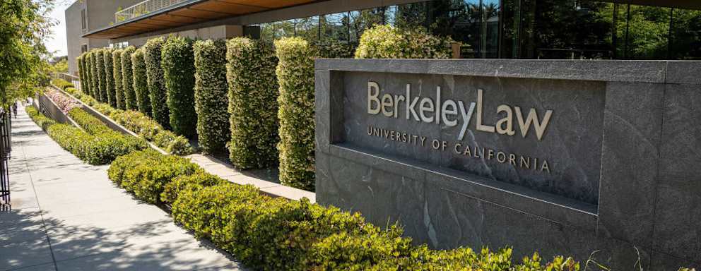 Signage for the Berkeley School of Law on the University of California, Berkeley campus in Berkeley, California, U.S.