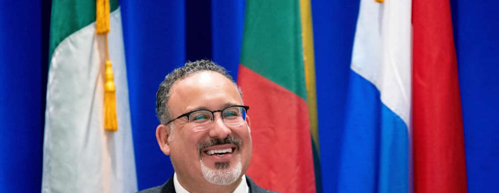 US Secretary of Education Miguel Cardona speaks during the 2023 International Summit on the Teaching Profession in Washington, DC.