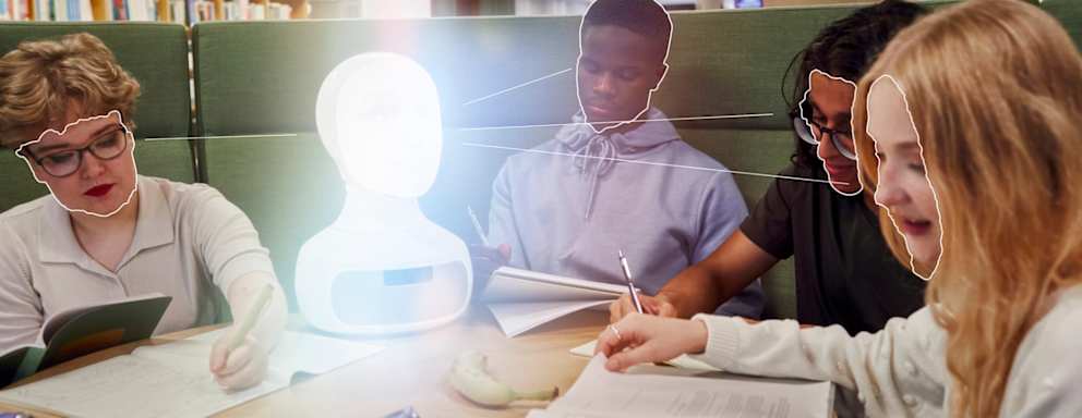 Students studying in library with robotic voice assistant