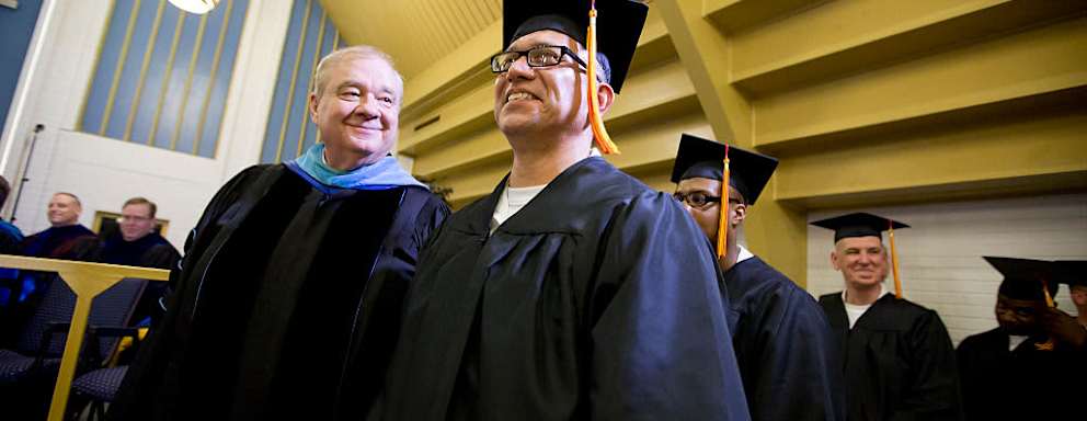 Graduation ceremony of inmates at the maximum-security Darrington Unit prison in Rosharon, Texas. The graduates received their bachelor's degree in biblical studies through the Southwestern Baptist Theological Seminary.