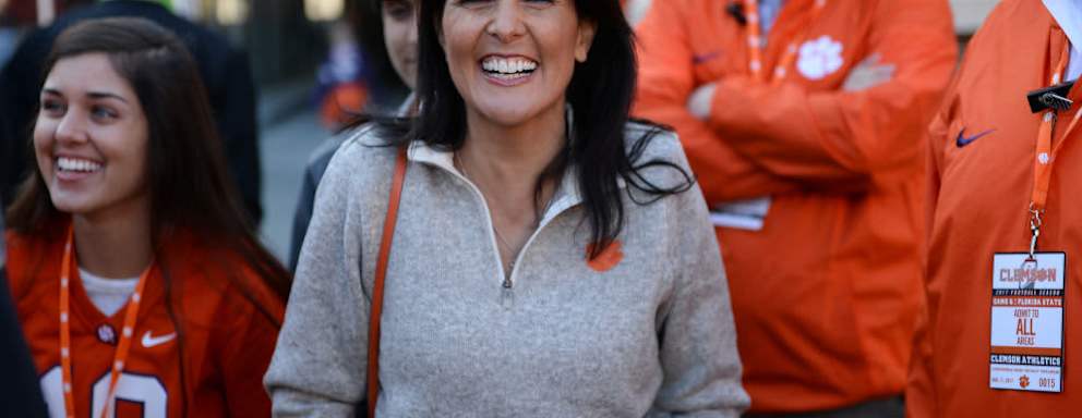 Nikki Haley walks onto the field during pre-game between the Clemson Tigers and the Florida State Seminoles