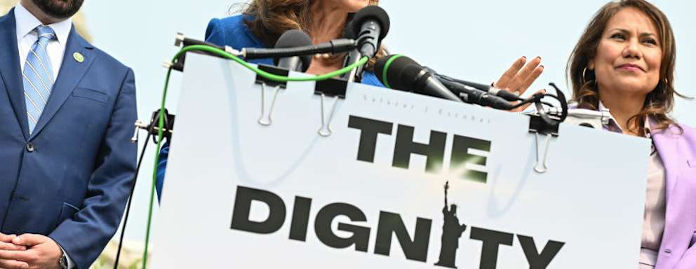 WASHINGTON, DC - MAY 23: Flanked by Rep. Michael Lawler (R-N.Y.), left, and Rep. Veronica Escobar (D-Tex.), right, Maria Elvira Salazar (R-Fla.) speaks on immigration reform during a news conference at the U.S. Capitol on May 23, 2023 in Washington, D.C.
