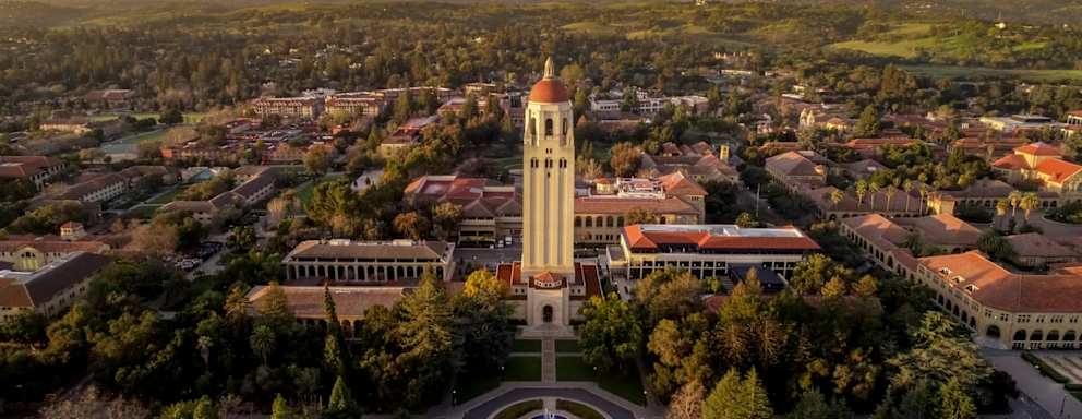 Aerial view of Stanford University in Stanford California. Stanford is a private university founded in 1885 by Leland and Jane Stanford.
