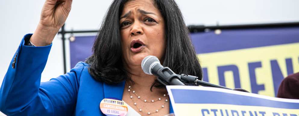 Representative Pramila Jayapal speaking about student debt cancellation program