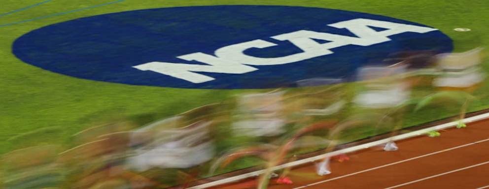 The NCAA Logo is shown as athletes competes in the men's 10000 meter run during the Division I Men's and Women's Outdoor Track & Field Championship on June 7, 2023 in Austin, Texas.