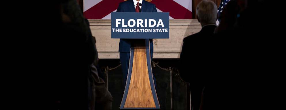 Florida Governor Ron DeSantis takes questions from the media after signing three education bills on the New College of Florida campus in Sarasota, Florida, on May 15, 2023.