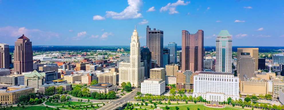 Aerial view of Downtown Columbus Ohio with Scioto river