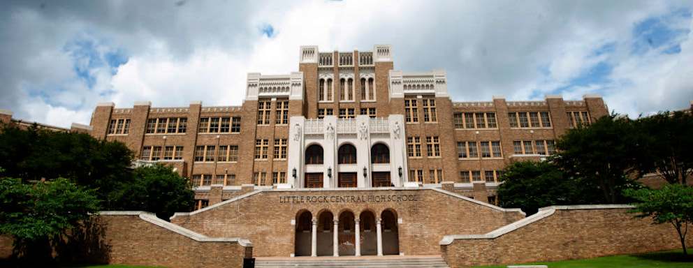 Exterior view of the Little Rock Central High School, now a National Historic Site, in Little Rock, Arkansas.