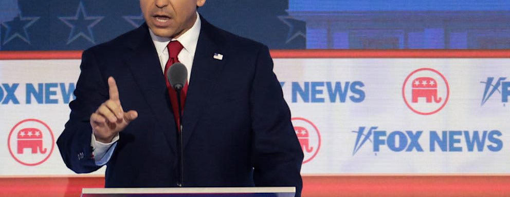 Republican presidential candidate, Florida Gov. Ron DeSantis, speaking in the first debate of the GOP primary season, hosted by FOX News at the Fiserv Forum on August 23, 2023 in Milwaukee, Wisconsin.