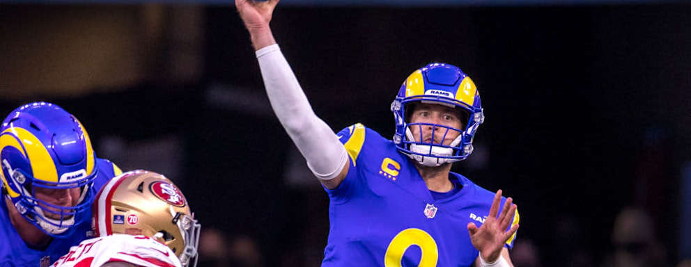 Rams quarterback Matthew Stafford passes the ball during a game with the San Francisco 49ers in the NFC Championships at SoFi Stadium on Jan. 30, 2022 in Los Angeles, CA.