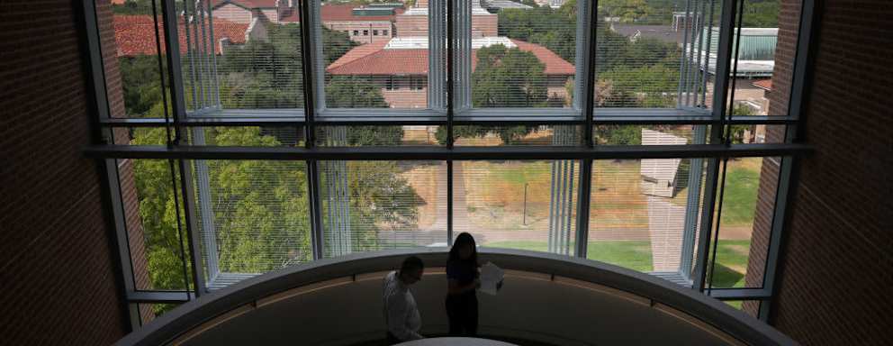 Looking outside a window on RIce University campus