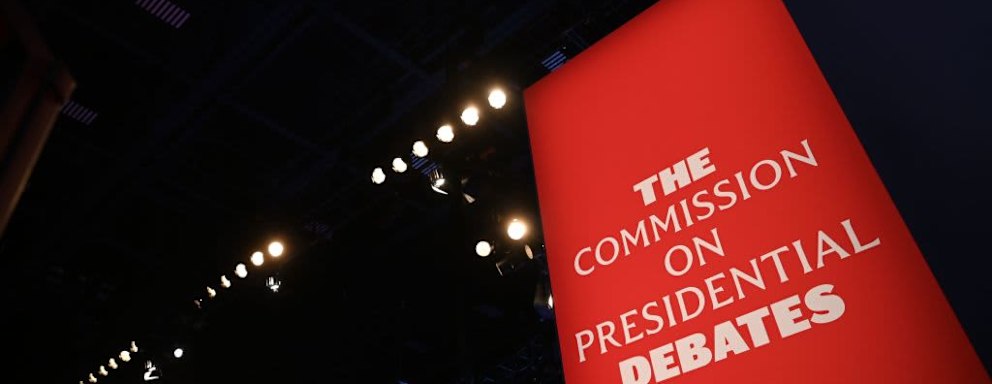 The Commission on Presidential Debates banner is seen as the stage for the final presidential debate of the US 2020 presidential elections.