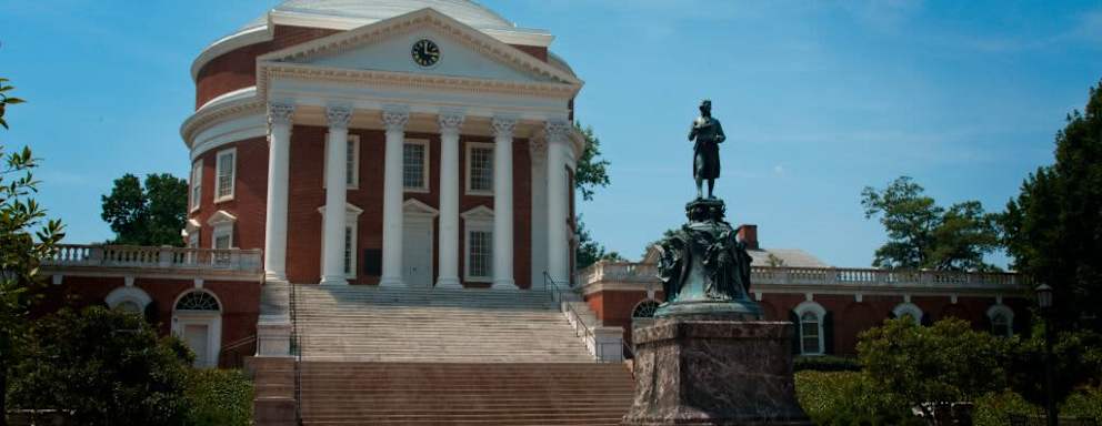 Statue of Thomas Jefferson in front of The Rotunda on the campus of the University of Virginia, Charlottesville, Virginia