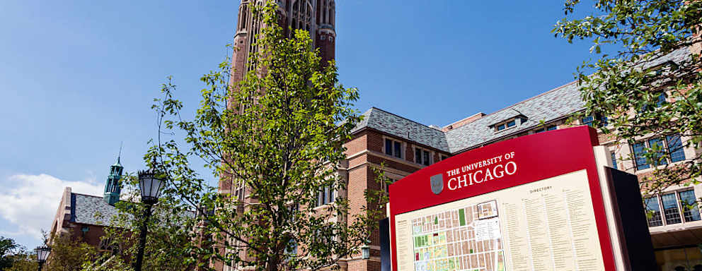 Hyde Park campus, University of Chicago map sign.