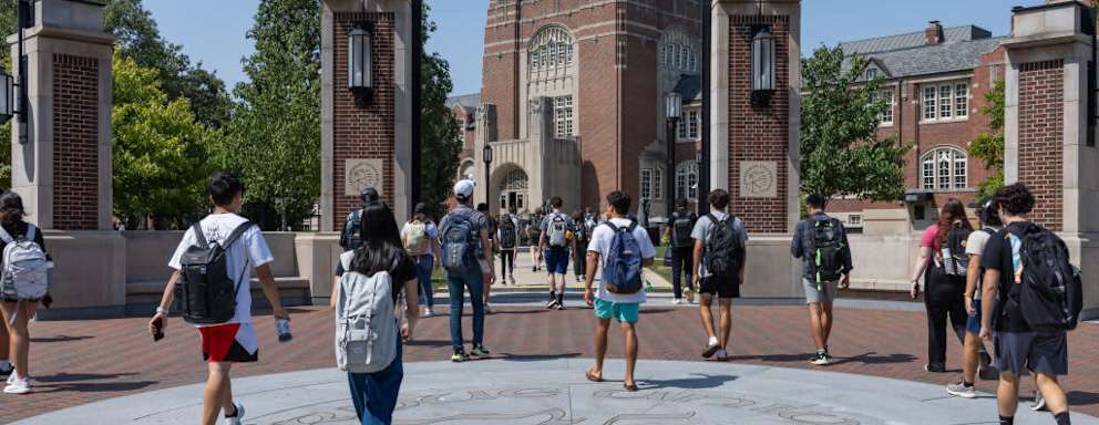 Students walking onto the Purdue University campus before the game against the Illinois Fighting Illini on September 30, 2023 in West Lafayette, Indiana.