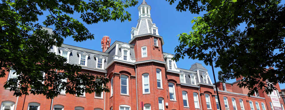 Daytime view of Washburn Shops, where WPI's first hands-on classrooms and laboratories were built in the 19th century