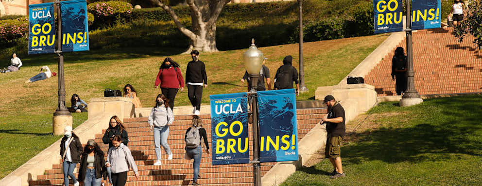 Students walking on the UCLA campus in Los Angeles, California.