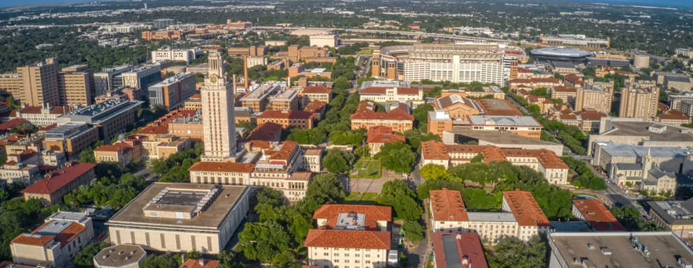 Aerial view of the University of Texas, Austin campus.