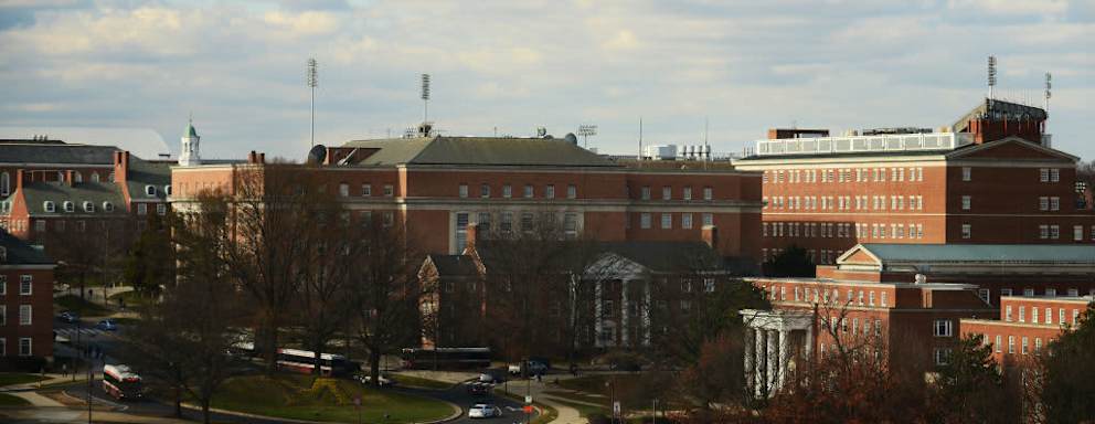 The campus of the University of Maryland, which is a public state school, in College Park, MD