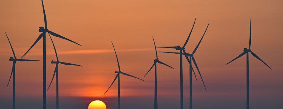 The sun rises behind turbines on a rural wind farm.