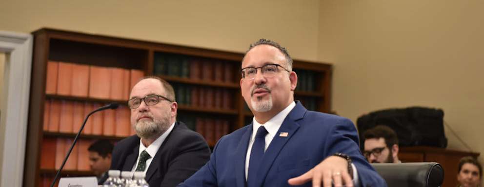 US Secretary of Education Miguel Cardona testifies before the House Appropriations Subcommittee on the Department of Education 2025 budget on April 10, 2024 in Washington, DC.