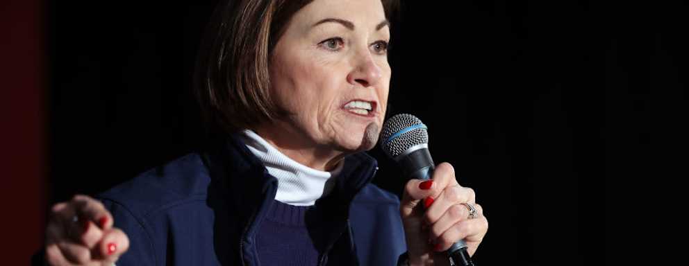 Iowa governor Kim Reynolds speaks at a campaign event for former Republican presidential candidate Ron DeSantis at The Grass Wagon on January 13, 2024 in Council Bluffs, Iowa.
