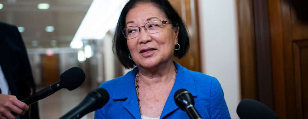 Senator Mazie Hirono, a Democrat from Hawaii, speaks to members of the media while arriving during a Senate Energy and Natural Resources Committee hearing in Washington, DC.