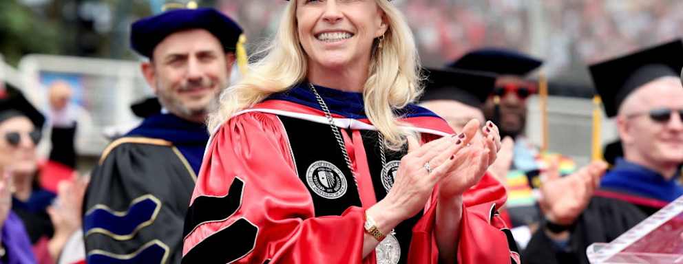 Stony Brook University president Maurie McInnis applauds the class of 2024 at commencement ceremonies held in Stony Brook, New York, on May 17, 2024. McInnis was selected to be Yale University's new president starting July, 1, 2024.