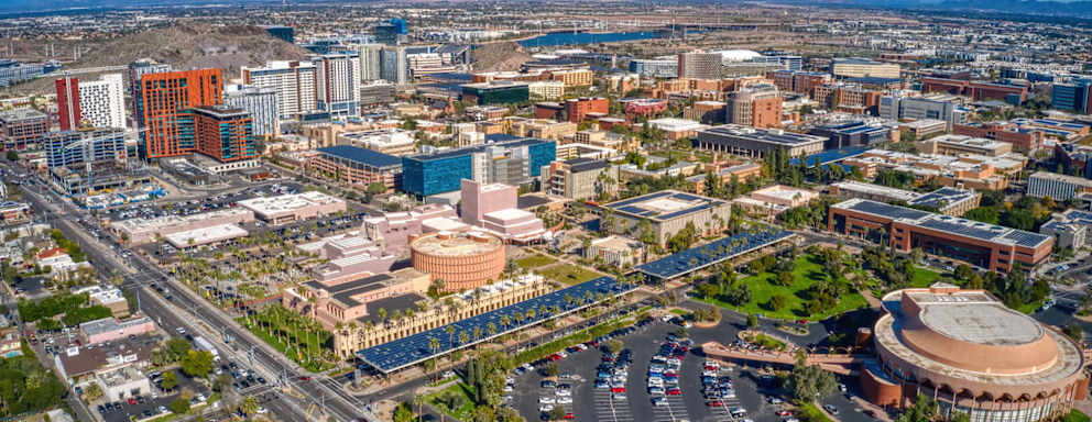 Aerial view of the Arizona State University campus in Tempe, Arizona.