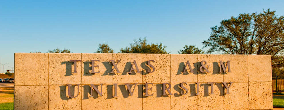 Entrance sign to the Texas A&M University campus in College Station, Texas.