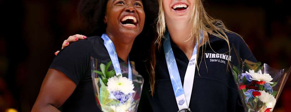 Simone Manuel of the United States and Gretchen Walsh of the United States smile during the medal ceremony for the Women's 50m freestyle final on Day Nine of the 2024 US Olympic Team Swimming Trials at Lucas Oil Stadium on June 23, 2024 in Indianapolis, Indiana.